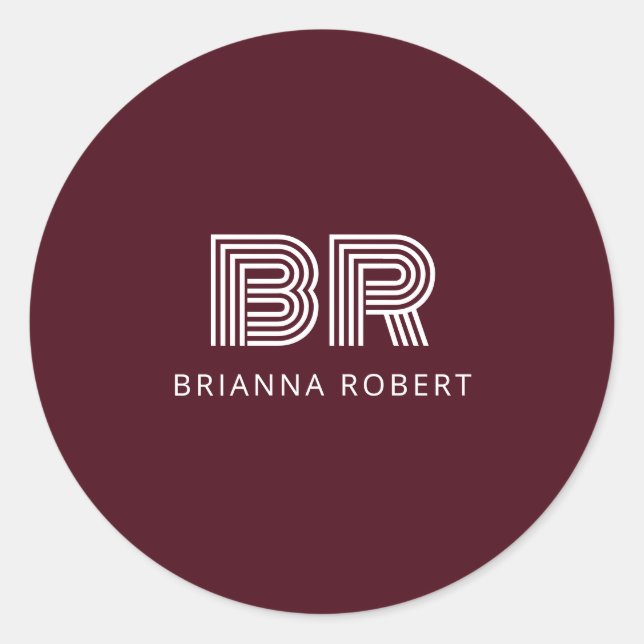 Modern Monogram Branding Logo Stylish Burgundy Classic Round Sticker (Front)