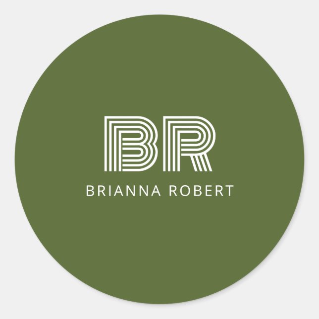 Modern Monogram Branding Logo Stylish Moss Green Classic Round Sticker (Front)