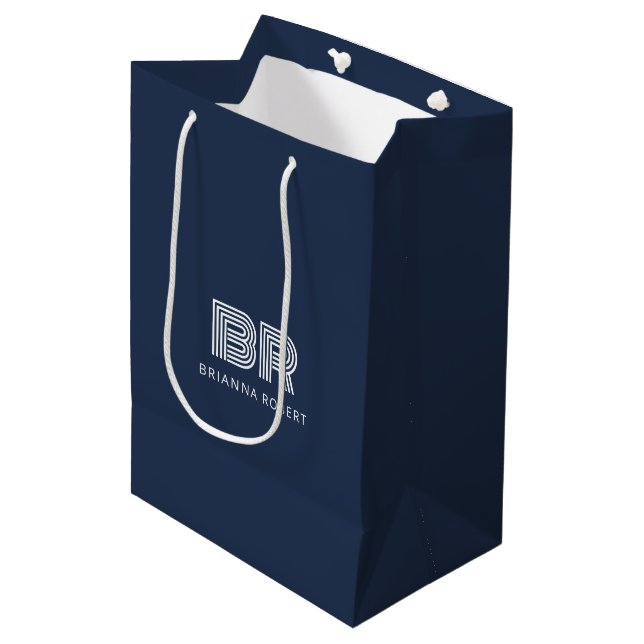 Modern Monogram Branding Logo Stylish Navy Blue Medium Gift Bag (Front Angled)