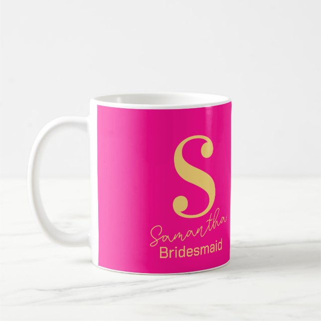 Modern Monogram Bridesmaid Hot Pink Coffee Mug (Left)