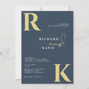 Modern Monogram Bright Bold Navy Blue Photo Invitation