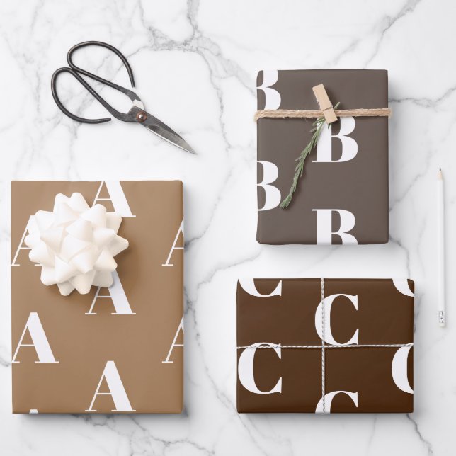 Modern monogram brown tan custom initial pattern wrapping paper sheet (Front)