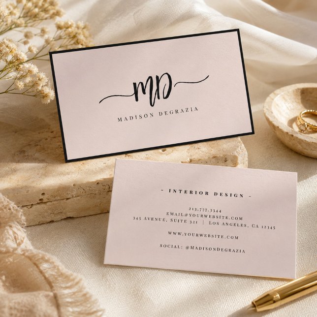 Modern Monogram Brush Script Black Blush Stylish Business Card (Creator Uploaded)