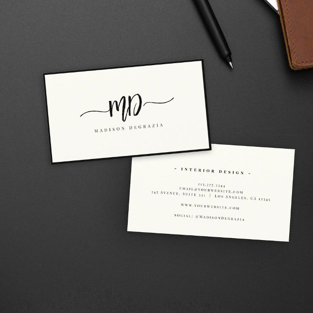 Modern Monogram Brush Script Black Ivory Stylish Business Card (Creator Uploaded)