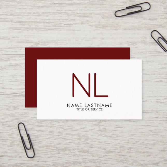 Modern Monogram Burgundy Minimalistic Clean White Business Card (Front/Back In Situ)