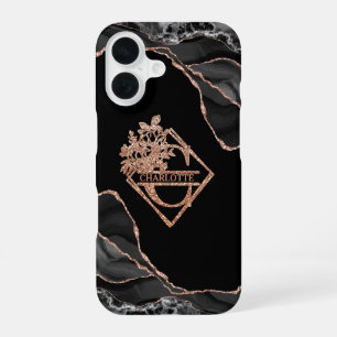 Modern Monogram C Black Agate Marble Rose Gold iPhone 16 Case