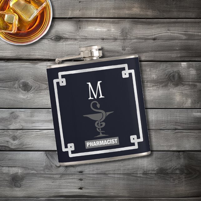 Modern Monogram Caduceus Pharmacist Hip Flask (Creator Uploaded)