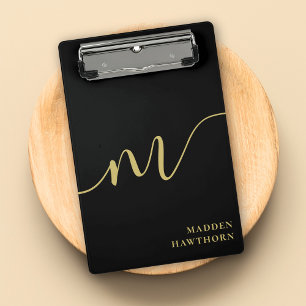 Modern Monogram Calligraphy Black Gold Name Mini Clipboard