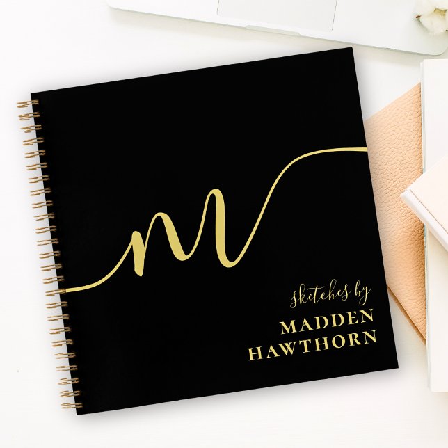 Modern Monogram Calligraphy Black Gold Sketchbook Notebook (Creator Uploaded)