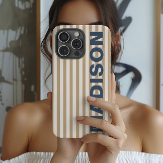 Modern Monogram Camel Striped Bridal Shower Name iPhone 16 Pro Max Case