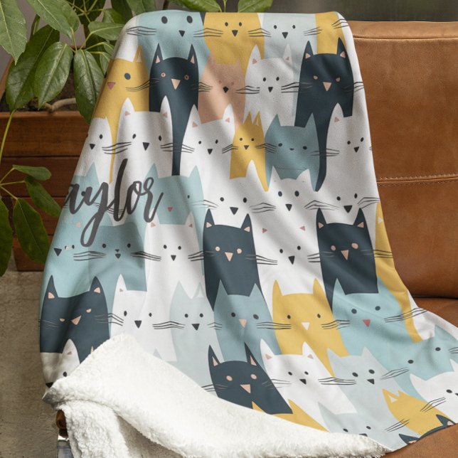 Modern Monogram Cat Pattern Blue Yellow White Fleece Blanket (Creator Uploaded)
