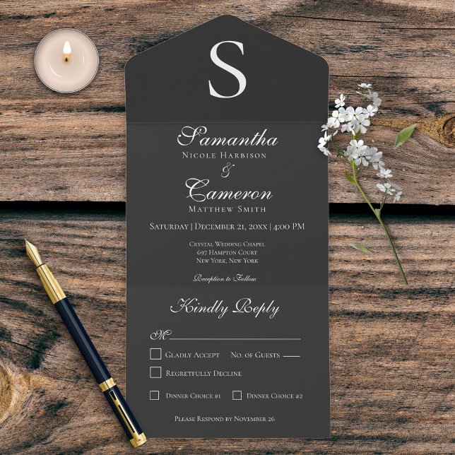 Modern Monogram Charcoal Black Dinner All In One Invitation (Creator Uploaded)