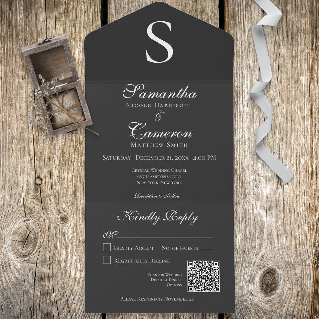 Modern Monogram Charcoal Black QR Code All In One Invitation (Creator Uploaded)