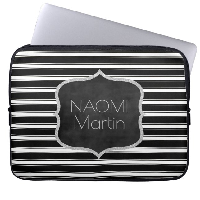 Modern Monogram | Chic Black & White Stripes Laptop Sleeve (Front)