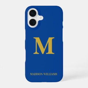 Modern Monogram Chic Blue Gold Stylish Minimalist iPhone 16 Case