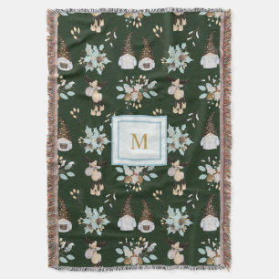 Modern Monogram Christmas Gnomes and Moose Design Throw Blanket
