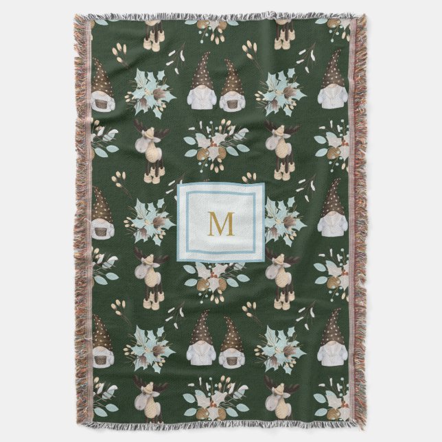 Modern Monogram Christmas Gnomes and Moose Design Throw Blanket (Front Vertical)
