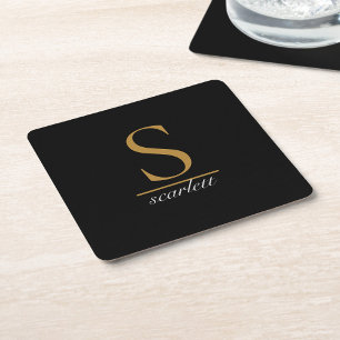 Modern Monogram Classic Black Gold Script Name Square Paper Coaster