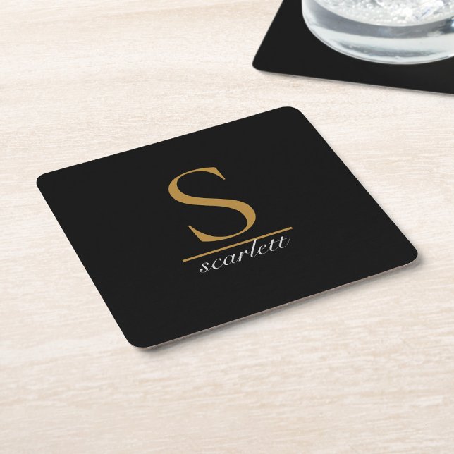 Modern Monogram Classic Black Gold Script Name Square Paper Coaster (Creator Uploaded)