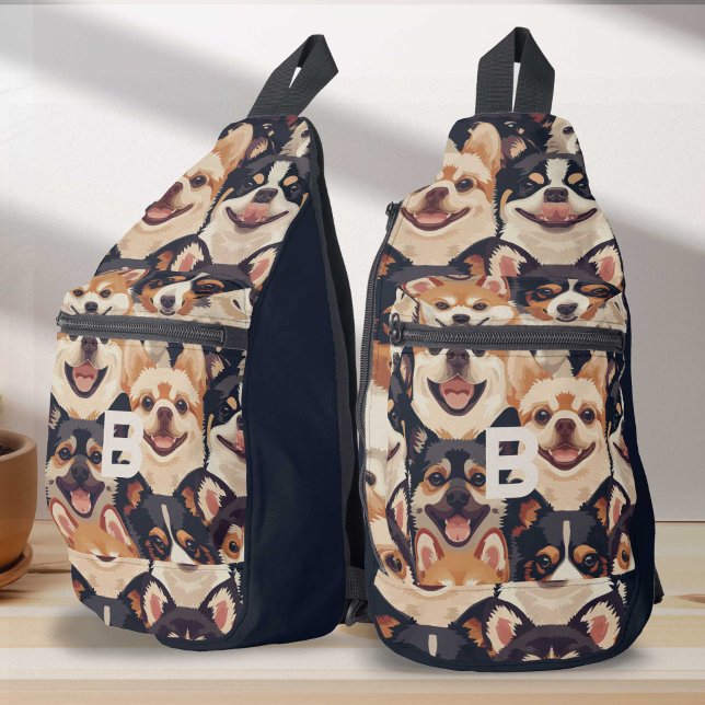 modern monogram colourful animal, dog pattern kids sling bag (Dog pattern, monogram dos sling bag)