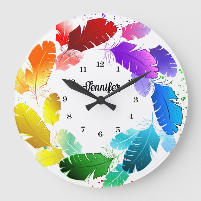 Modern Monogram Colourful Feathers Stylish Large Clock (Front)