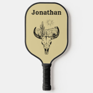 Modern Monogram Cowboy Cow Skull Desert Pickleball Paddle