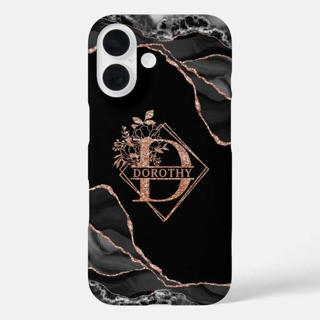 Modern Monogram D Black Agate Marble Rose Gold  Case-Mate iPhone Case (Back)