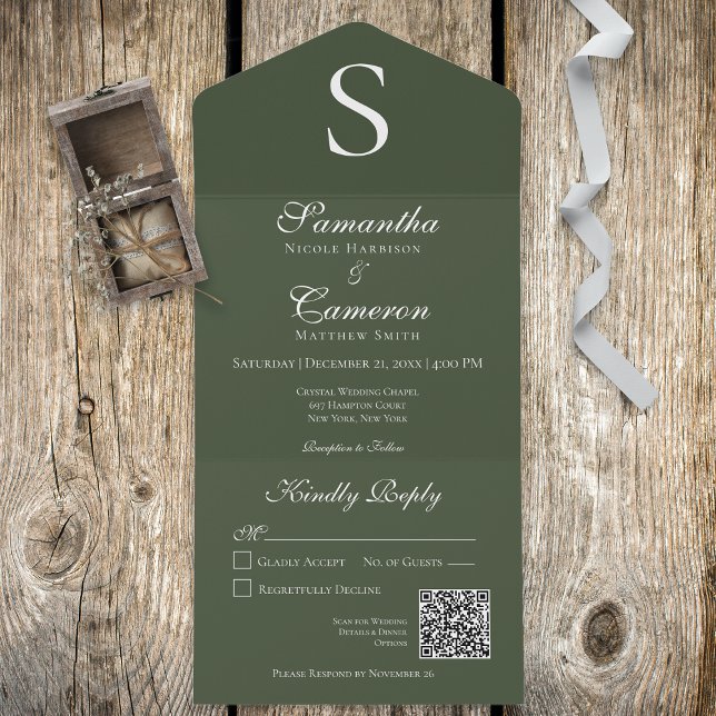 Modern Monogram Dark Green QR Code All In One Invitation (Creator Uploaded)