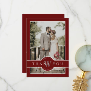 Modern Monogram Dark Red 2-Photo Wedding Thank You Card
