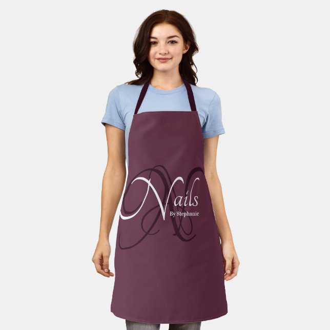 Modern Monogram Deep Plum Nail Artist Apron (Worn)