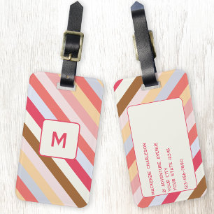 Modern Monogram Diagonal Candy Stripe Personalised Luggage Tag