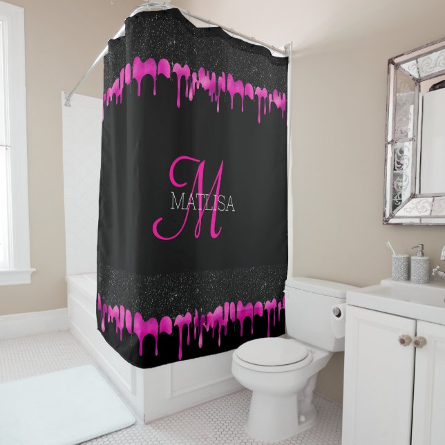 Modern Monogram Dripping Glitter Black Hot Pink  Shower Curtain (In Situ)