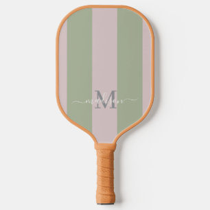 Modern Monogram Dusky Pink Sage Green Stripe Pickleball Paddle