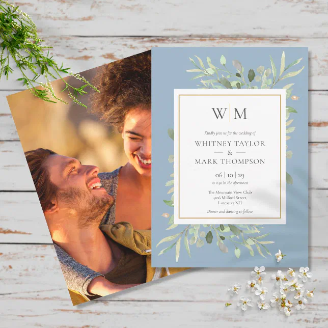 Modern Monogram Dusty Blue Greenery Photo Wedding Invitation | Zazzle