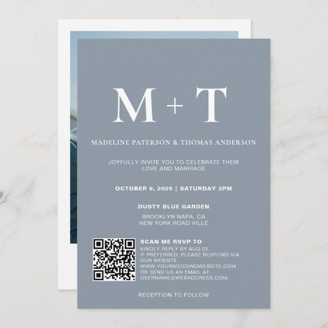 Modern Monogram Dusty Blue QR Code Rsvp Wedding  Invitation (Front/Back)