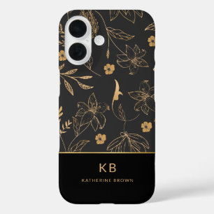 Modern Monogram Elegant Black Gold Floral Pattern  iPhone 16 Case