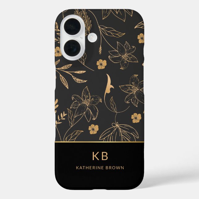 Modern Monogram Elegant Black Gold Floral Pattern  Case-Mate iPhone Case (Back)