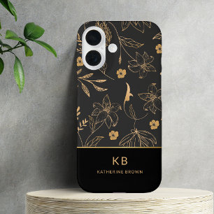Modern Monogram Elegant Black Gold Floral Pattern iPhone 16 Case