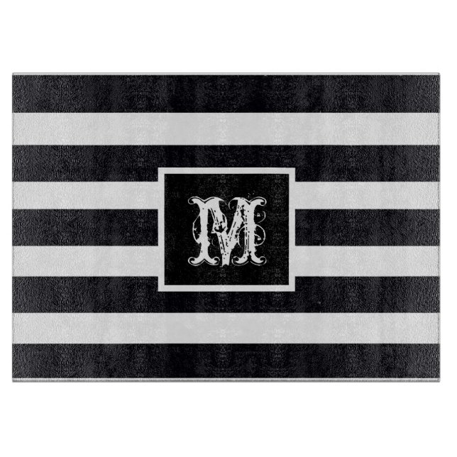 Modern Monogram Elegant Black & White Stripe  Cutting Board (Front)