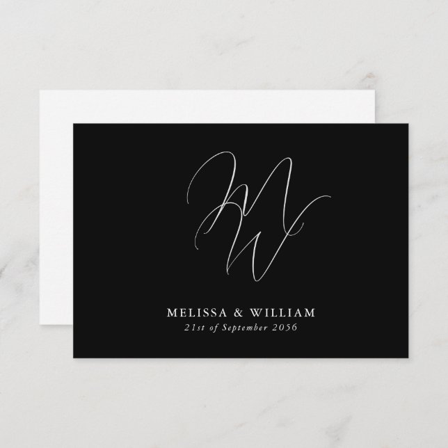Modern Monogram Elegant Black & White Wedding RSVP Card (Front/Back)