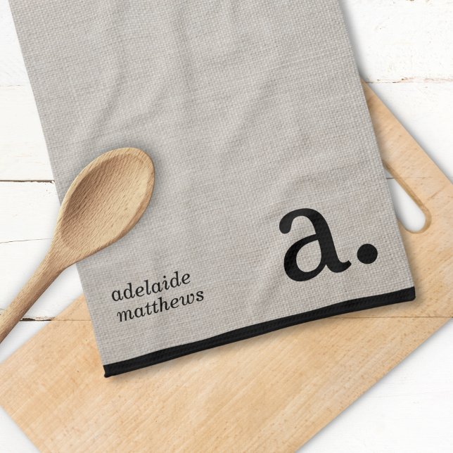 Modern Monogram Elegant Linen Look Initial Name Tea Towel (Creator Uploaded)