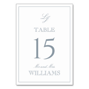Modern Monogram Elegant Script Dusty Blue Wedding Table Number