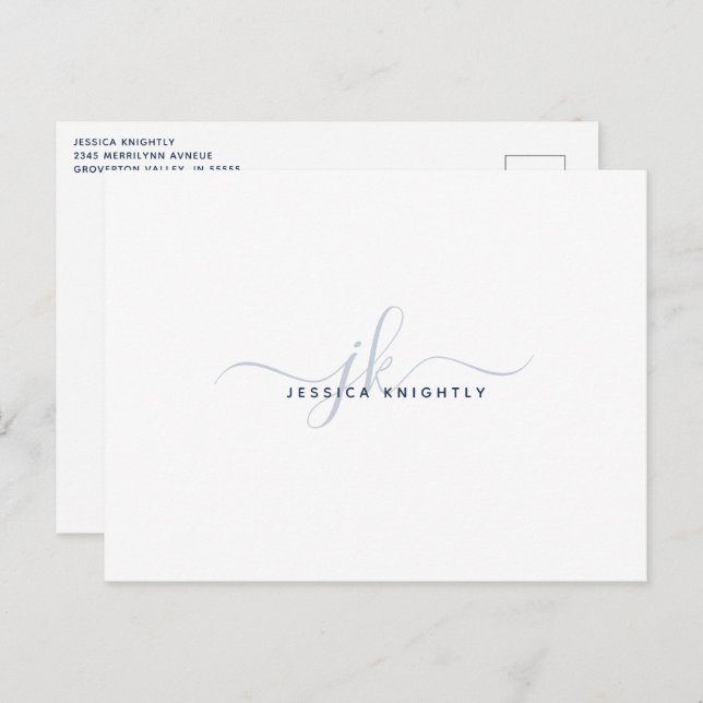 Modern Monogram Elegant Script Initials Navy Blue Postcard (Front/Back)