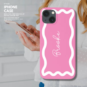 Modern Monogram Elegant Script Pink Wave Edge iPhone 13 Case