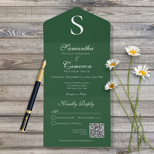 Modern Monogram Emerald Green QR Code All In One Invitation (Creator Uploaded)