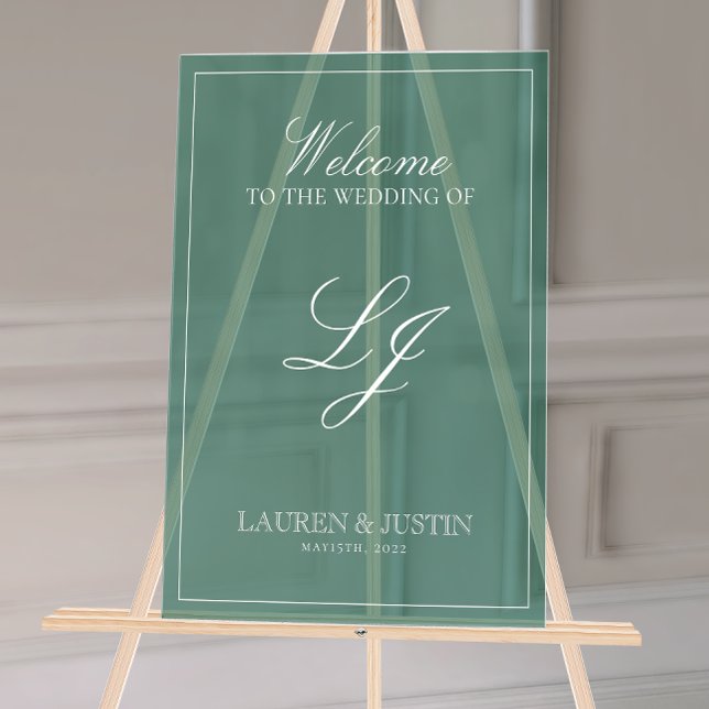 Modern Monogram Emerald Green Script Welcome Acrylic Sign (Wedding Welcome Sign!)