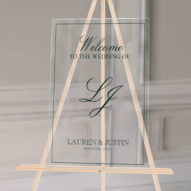 Modern Monogram Emerald Green Script Welcome Acrylic Sign (Wedding Welcome Sign!)