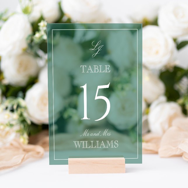 Modern Monogram Emerald Green Wedding Table Number Acrylic Sign (Wedding Table Number!
)
