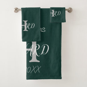 Modern Monogram Emerald Green White Wedding Bath Towel Set