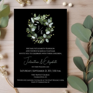 Modern Monogram Eucalyptus Wreath   Black Invitation